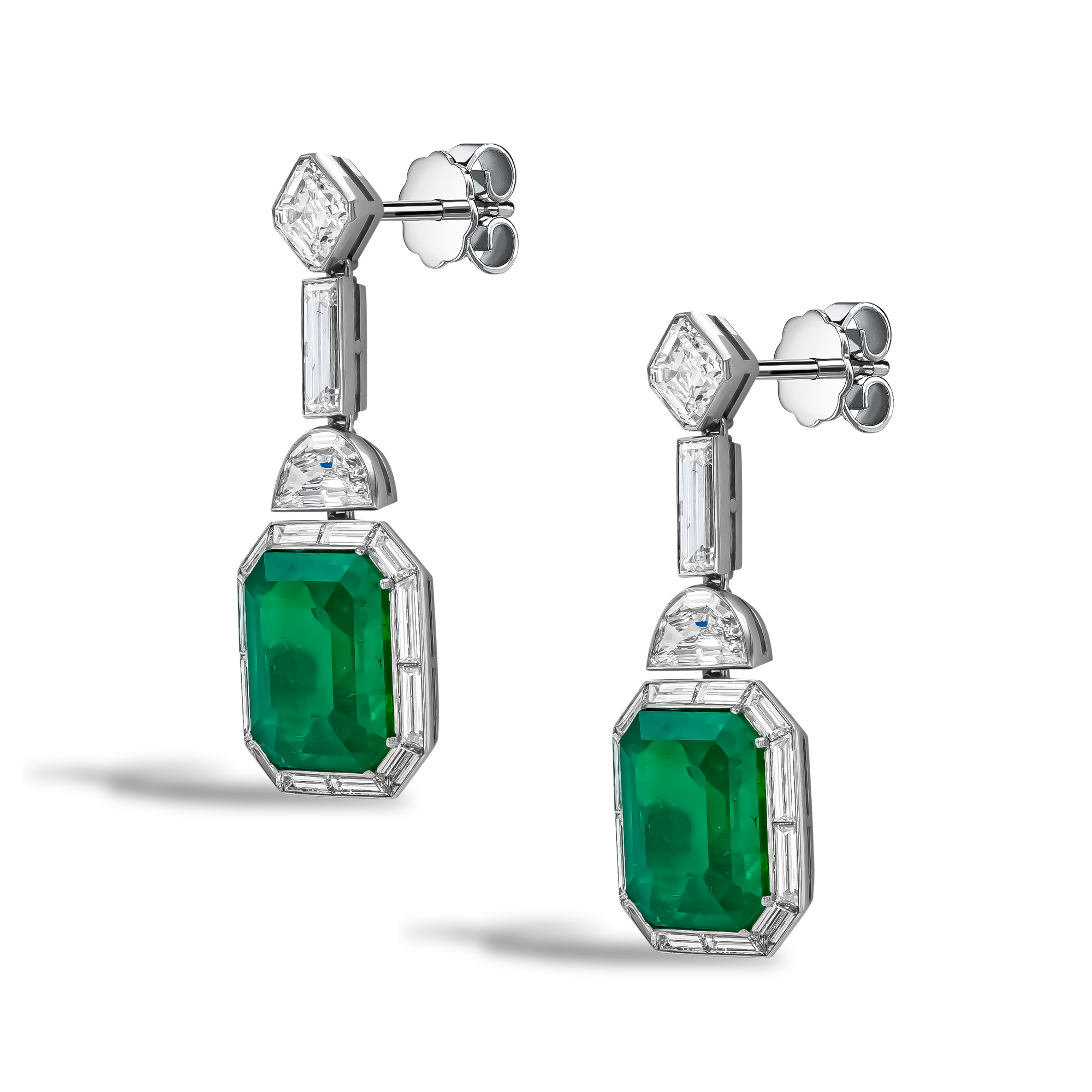 Masterpiece 14.07cts Colombian Emerald and Diamond Art Deco Inspired Drop Earrings Octagon, Half-Moon, Baguette & Asscher Cut, Claw Set_2