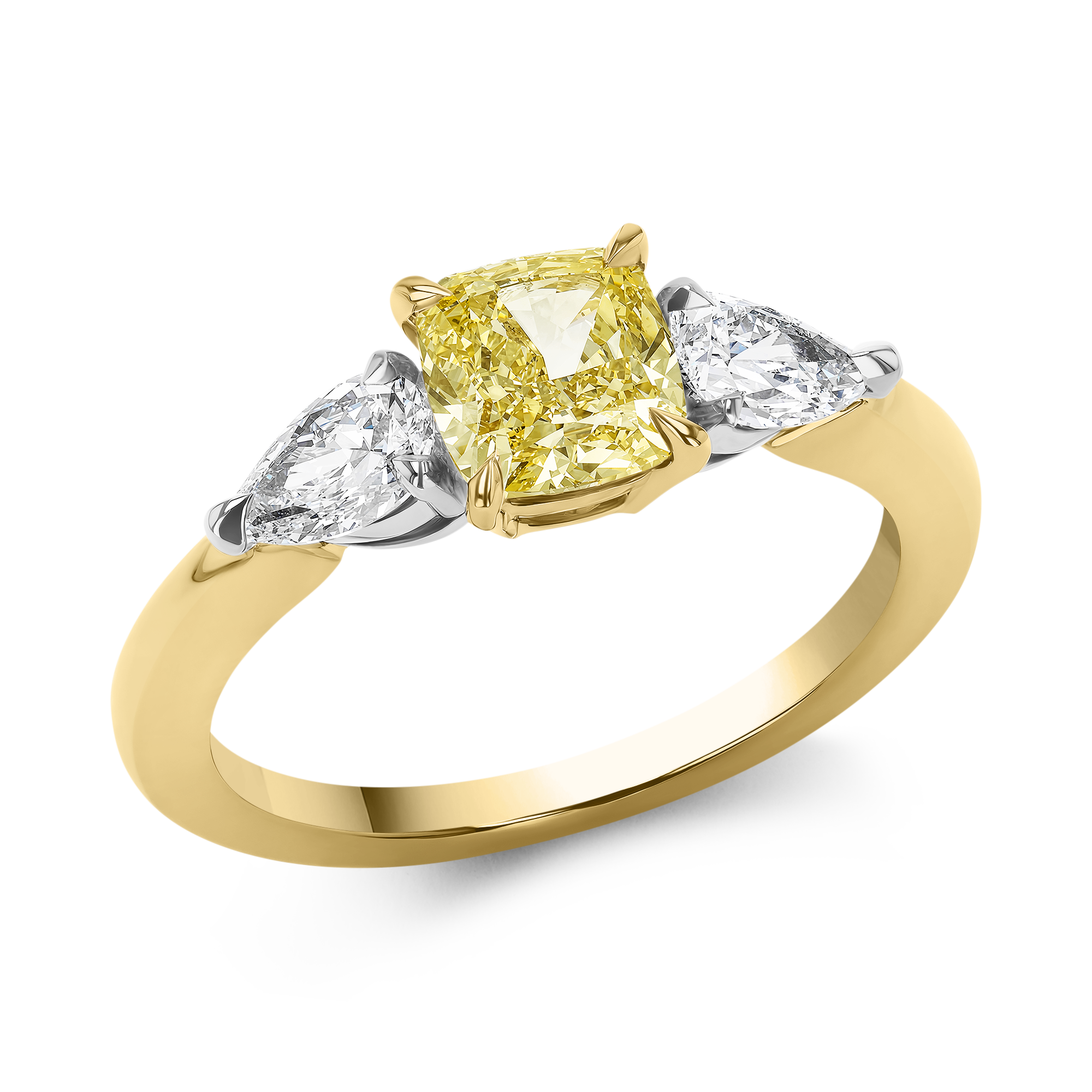 Cushion Cut 1.24ct Kimberley Fancy Intense Yellow Diamond Three Stone Ring Cushion modern cut, Claw set_1