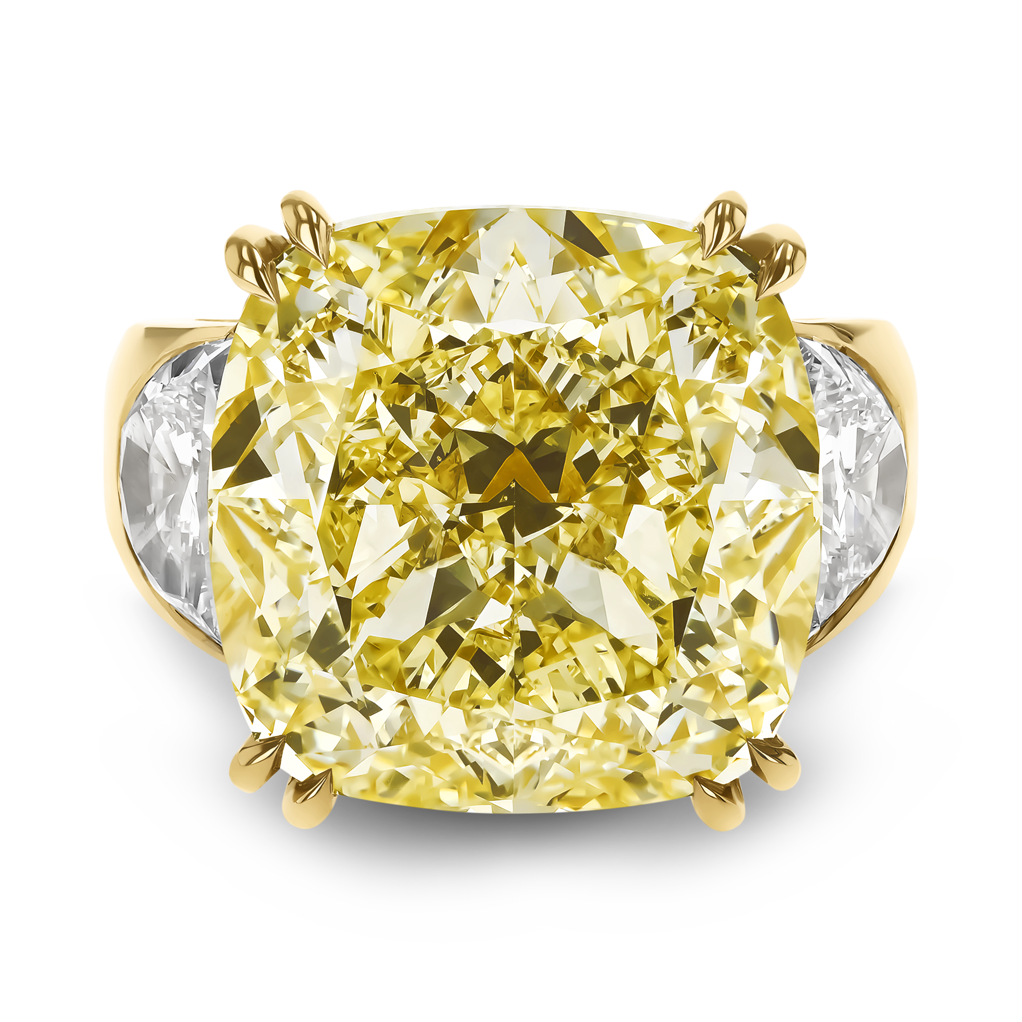 Masterpiece Cushion Cut 20.23ct Kimberley Fancy Yellow Diamond Ring Cushion & Half-Moon Cut, Claw Set_2