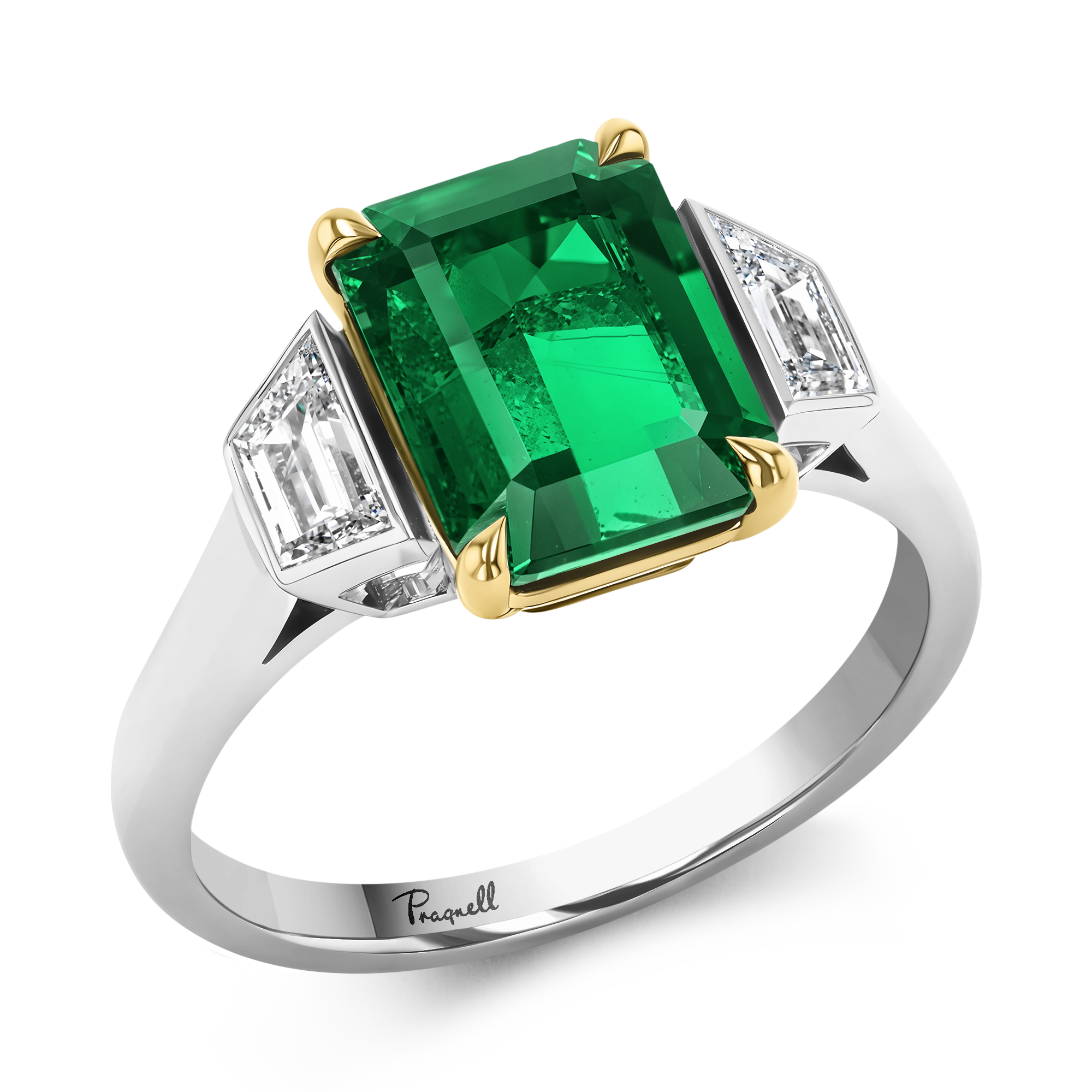 2.90ct Emerald and Diamond Three Stone Ring Emerald Cut, Claw Set_1