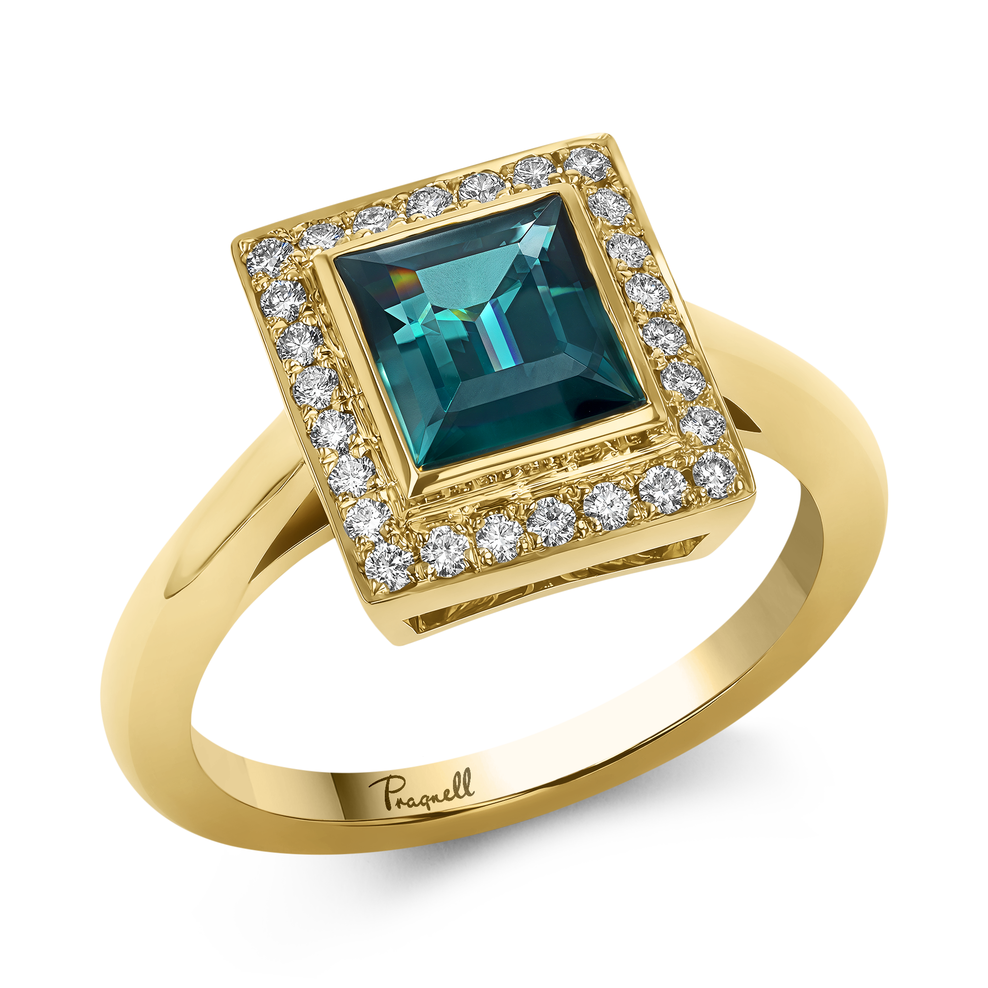 Square Cut 1.43ct Namibian Indicolite Tourmaline and Diamond Ring Square & Brilliant Cut, Rubover & Grain Set_1