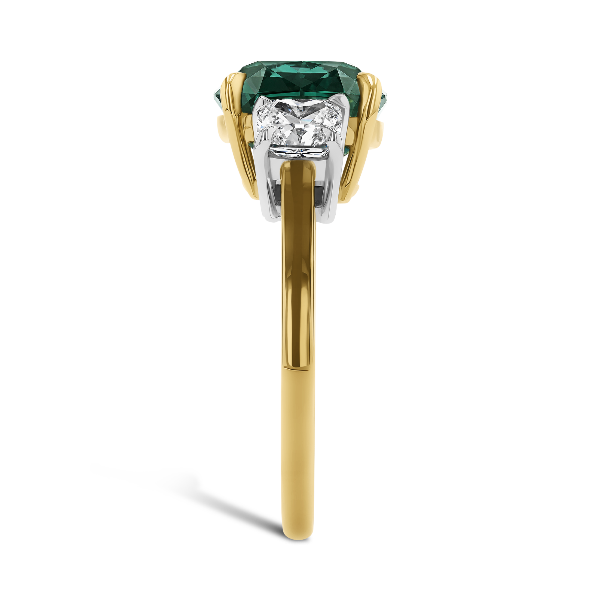 Cushion Cut 3.52ct Namibian Lagoon Tourmaline and Diamond Three Stone Ring Cushion modern cut, Claw set_4